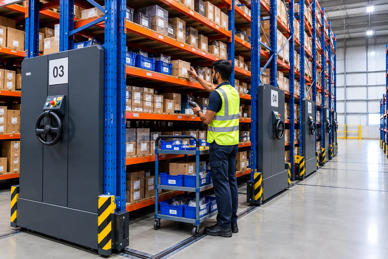 A man picking item in a mobile racking system